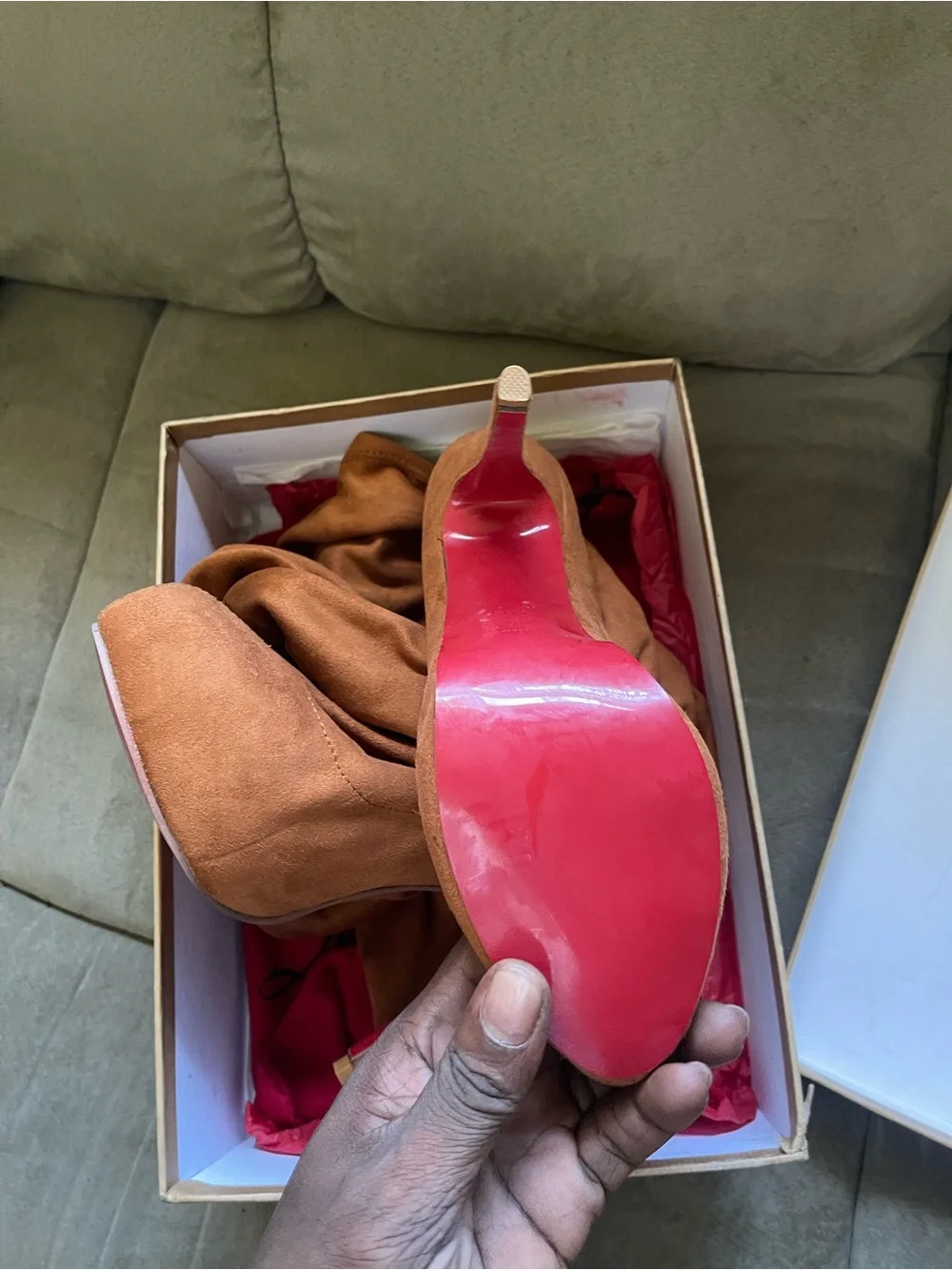 Christian Louboutin Over-the-Knee Suede Boots in Chestnut Brown with Red Soles